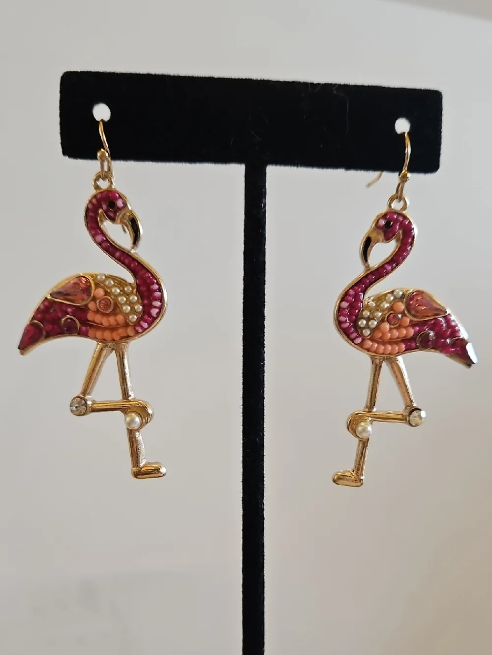 Pink Flamingo Drop Earrings with Rhinestone and Faux Pearl Accents - Picture 2 of 5